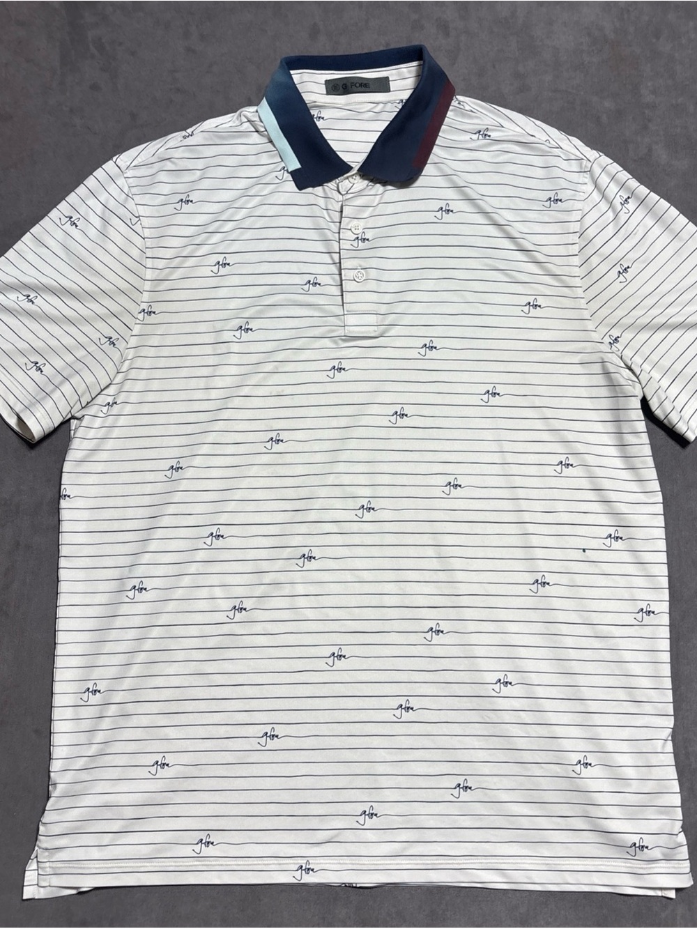 G/FORE Mens Polo Shirt Medium White Black Striped All Over Script Logo